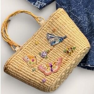 Cappelli Straworld Straw Tote Bag Bamboo Handle Beaded Butterfly Boho Beach